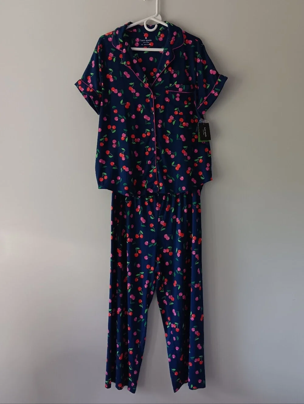 Kate Spade Short Sleeve Pajama Pant Set 2 Pc Red Pink Cherries Indigo Blue XL